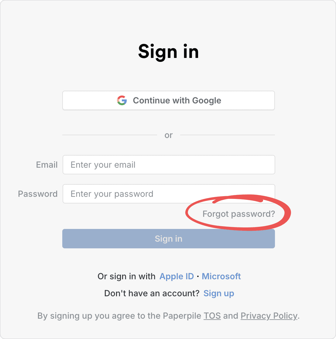 The Paperpile sign-in page with a circled “Forgot password?” link below the Email and Password fields, above the Sign in button and Apple ID and Microsoft options.